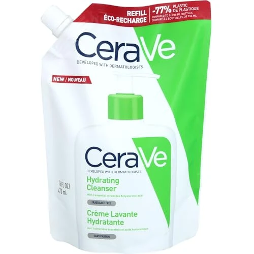 CeraVe - Crème Lavante Hydratante Eco Recharge, Visage et Corps, Nettoie et Hydrate Sans Altérer la Barrière Cutanée, Aux 3 Céramides Essentiels plus Acide Hyaluronique, Peau Normale à Sèche, 473 ml