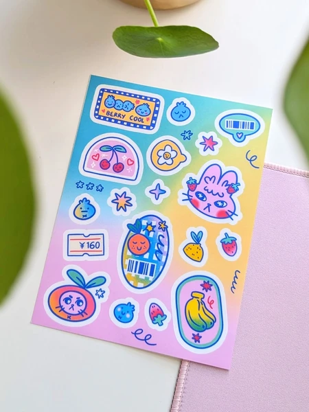 Feuille d'autocollants fruités - A6, autocollant fraise, autocollant cerise, autocollant mat, autocollants de journal, fruits mignons, étiquettes