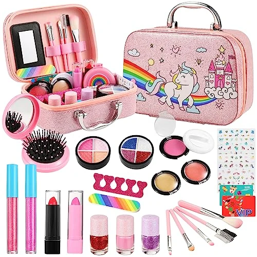 SLEMAKO Maquillage Enfant Jouet Fille, 29pcs Kit Maquillage Enfant Fille Lavable, Malette Maquillage Enfant, Licorne Cadeau Fille 3 4 5 6 7 8 9 10 Ans