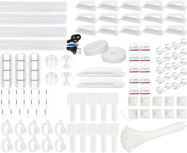 SOULWIT 200 Pièces Kit de Gestion des Câbles, 4 Manchon de Câble Gaine, 3 Clips Câble Organisateur Bureau, 10+2 Attache Câble Organisateur Rallonge, 15 Clips Câbles Adhésifs, 100 Serre Câbles