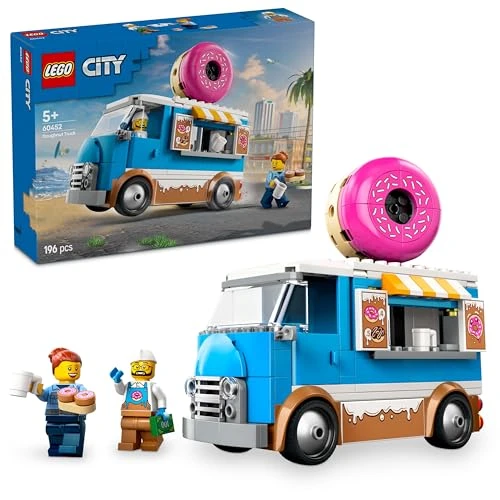 LEGO City Le Food-Truck de Donuts - Véhicule Mobile pour garçons et Filles dès 5 Ans avec Machine à café et Caisse enregistreuse - Minifigurines de Marchand et de cliente - Idée Cadeau Amusante 60452