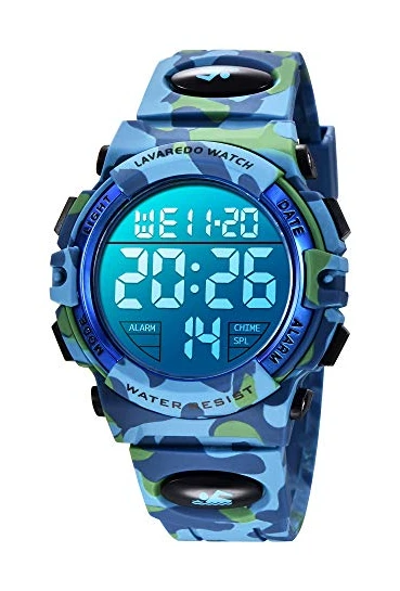 BEN NEVIS Montre Enfant Garçon Adolescent Digitale Outdoor Sport Multifonction Étanche LED Lumière Alarme Calendrier Date avec Bande de Silicone Camouflage Bleu