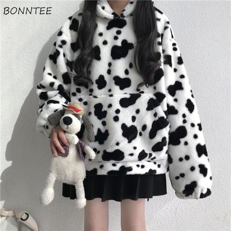 Plus épais vestes à capuche femmes Kawaii vache-imprimé Chic à capuche doux automne mode Ulzzang filles sweat-shirt tout match décontracté Femme vêtements