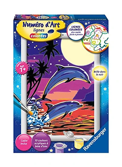 Ravensburger – Numéro d’Art petit format–Dauphins joueurs–Loisir créatif – Kit de peinture par numéros –Avec peinture phosphorescente –Activité détente et créative–Dès 7 ans–29044–Version française