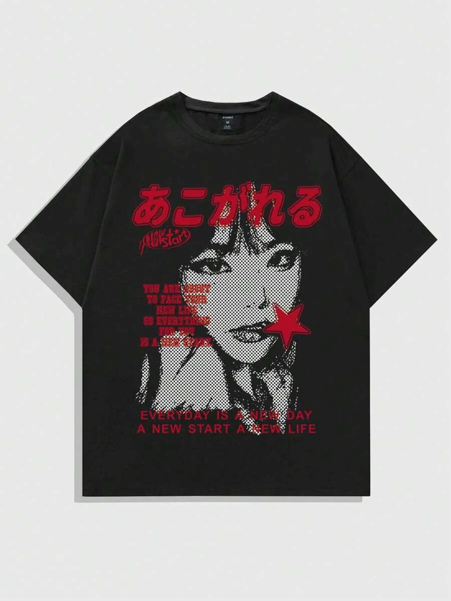 ROMWE MEN Anime T-shirt à manches courtes pour hommes avec slogan/impression de personnage dans le style Y2K pour l'été, l'école, l'emo, le style des années 2000 | Mode en ligne | SHEIN FRANCE