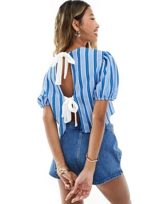 ASOS DESIGN - T-shirt noué dans le dos à manches bouffantes - Bleu rayé