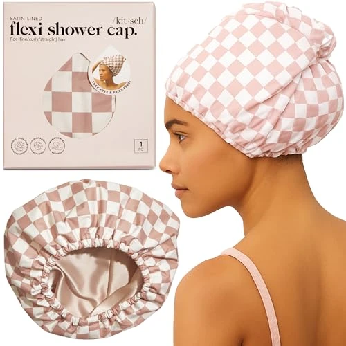 Kitsch Bonnet de douche de luxe pour femme et homme, réutilisable, imperméable, doublé en satin flexible, grand bonnet de douche large, réglable, élégant pour cheveux longs et courts, carreaux terre