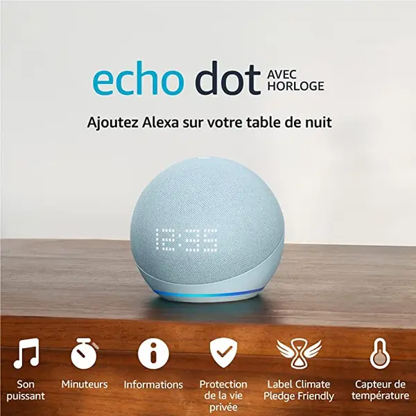 Echo Dot avec horloge (5e génération, modèle 2022) | Enceinte connectée Bluetooth et Wi-Fi au son puissant encore plus imposant, avec horloge et Alexa | Bleu-gris