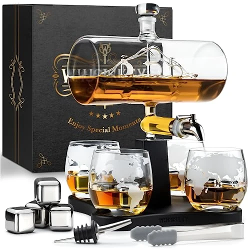 WHISISKEY Carafe Whisky - Carafe à Whisky - 1100ML - Coffret Cadeau Homme - Coffret Whisky Luxueux - Idee Noel - Decanter avec 4 Verre à Whisky, 4 Pierre a Whisky, Whiskey Accessories