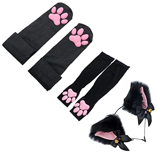 ZTVOWTO Mignon Chat Paw Pad Cuisse Haute Cosplay Chaussettes Avec Rose 3D Chaton Griffe Mitaines Longs Gants Sans Doigts et bandeau d'oreille de renard pour Filles Femmes (noir-3)