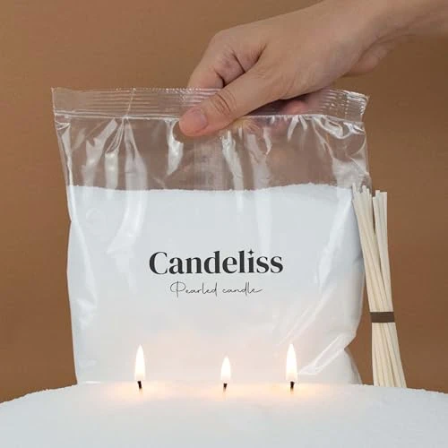CANDELISS Kit Bougies Perlées avec Meche. Set Perle de cire pour Bougie en Poudree Sable de cire pour bougie avec Meche pour Fabrication de Bougies en poudre perle (1 kg)