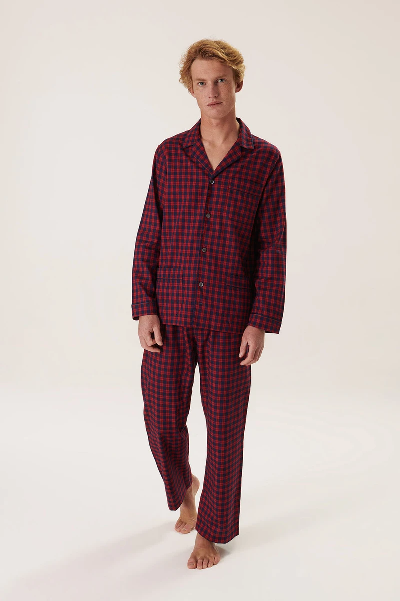 Premium Cotton Flannel Pajama Set - Plaid - Midnight Blue and Rasberry Red