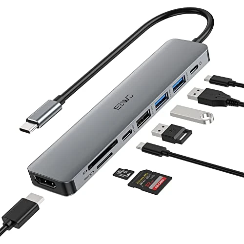 Hub, JESWO 8 en 1 Adaptateur type C avec HDMI 4K, 2 USB 3.0, USB 2.0, PD 100W, SD/TF, type-C Data, Compatible avec Macbook Pro/Air, iPad, iPhone, Surface Book, Dell XPS,etc