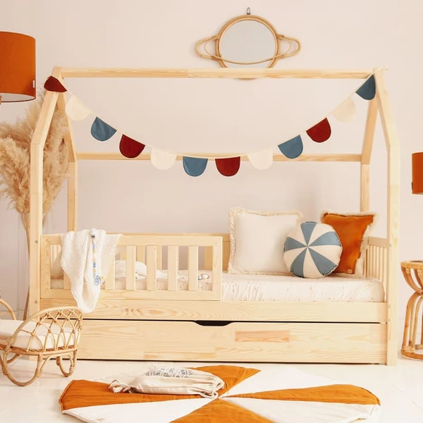 Lit cabane 90x190 barrière sommier et tiroir inclus beige