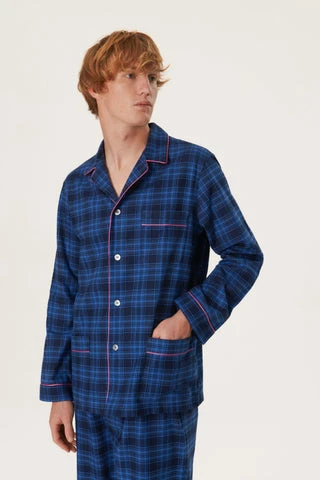 Premium Cotton Flannel Pajama Set - Plaid - Denim Blue