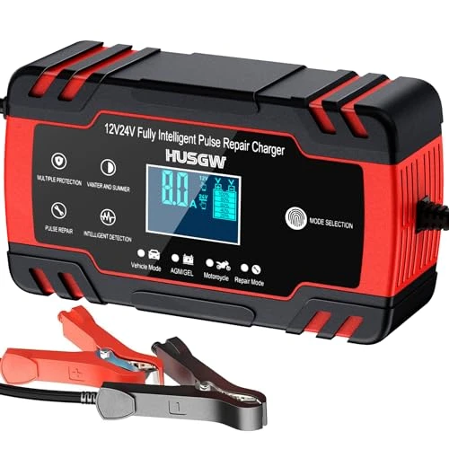 Husgw Chargeur de batterie 12V/24V 8A,chargeur intelligent doté de multiples fonctions de protection, de maintenance et de réparation automatiques,adapté aux voitures,camions,AGM,Gel et SLA (8-100 AH)