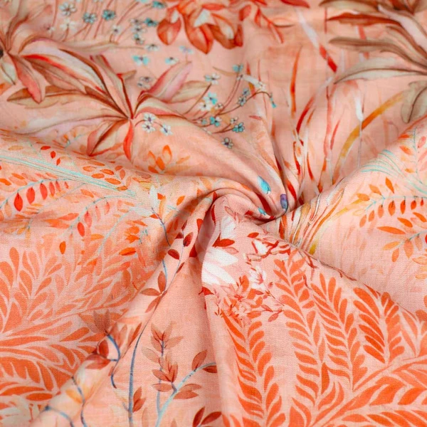 Tissu viscose Adèle orangé à motif floral paradis multicolore | Tissu pour couture d'habits fluide de poids léger
