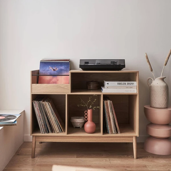 Meuble vinyle vintage décor bois 100cm