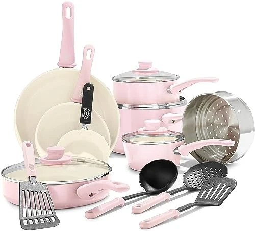 GreenLife Soft Grip Batterie de Cuisine avec Revêtement Antiadhésif Sain en Céramique Sans PFAS 16 Pièces, Avec des Poêles, Casseroles, Faits-touts, Marmites, Lave-vaisselle, Compatible au Four, Rose