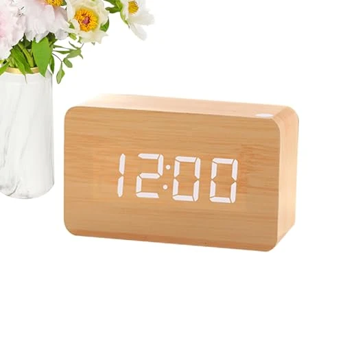 PHASZ Réveil numérique en bois – Bureau de chevet – Horloge numérique grand écran, 3 réglages d'alarme, mode semaine/week-end, horloges électriques en bois pour chevet