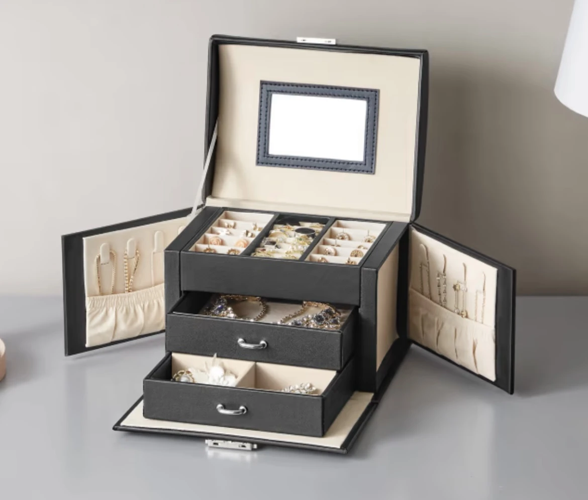 Bridie - Boîte à bijoux 3 niveaux avec poignées 2 tiroirs miroir Noir Classique