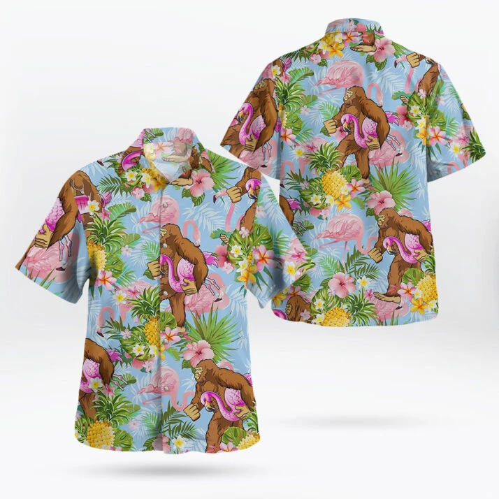 Bigfoot Flamingo Hug Hawaiian Shirt – Funny Sasquatch Tropical Beach Shirt