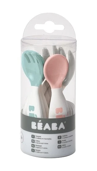 Lot de 10 couverts ergonomiques Vert/Rose/Gris de Béaba, Couverts : Aubert