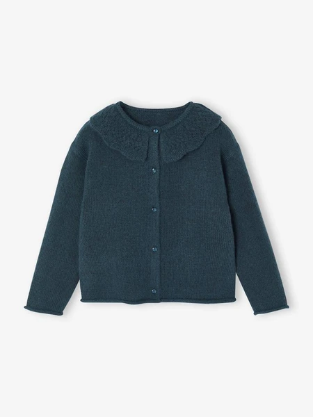Gilet col fantaisie ajouré fille bleu pétrole - Vertbaudet
