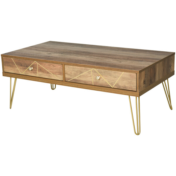 HOMCOM Table Basse en Bois Table de Salon Grand Plateau et 2 Tiroirs Design de Luxe Élégant Décoration avec Lignes Dorées Peintes à La Main 110L x 59l x 42H cm Brun