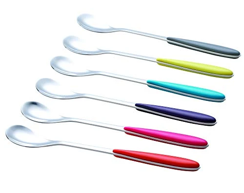 EXZACT Cuillères à Glace en Inox 6 Pièces à Long Manche, Assortiment De Couleurs- Longue Manivelle, Cuillère Latte, Poli Miroir - Idéal pour Le Café, Dessert, Chocolat Chaud.