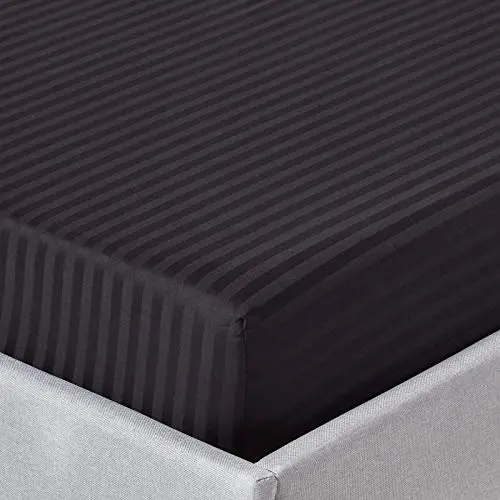 HOMESCAPES Drap Housse rayé en Satin de Coton égyptien 330 Fils, Drap Noir 150x200 cm