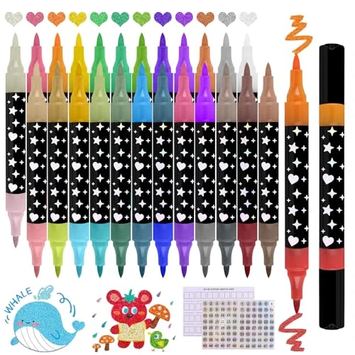 Funnasting 48 Couleurs Feutre Paillette, 24 Feutres Double Pointe Marqueurs à Paillettes Stylo, Feutres Paillettes Glitter à base d'eau pour Coloration, Dessin, Projets de Bricolage