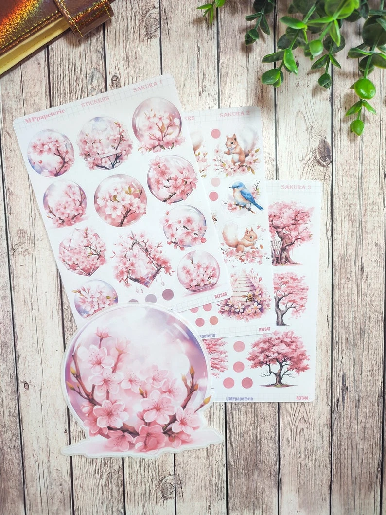 Set jusqu'à 4. Planches de stickers thème Sakura, fleurs de cerisier pour le printemps dans vos planner bujo journal scrapbooking monthly