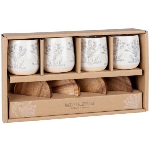 Coffret tasses en grès écru motif végétal (x4) et soucoupes en acacia | Maisons du Monde