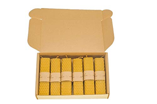 🐝✨BeeIT Square Candles 100% Cire d'abeille, 6 x Cire d'abeille Pure, boîte à Bougies carrée roulée à la Main avec Bougies de Pilier en Cire d'abeille Naturelle 2,5 cm x 11 cm