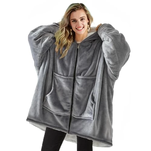 TOWINGO Sweat à Capuche, Pull Plaid Zippé Surdimensionnée, Taille Unique Épais Pull Capuchon en Polaire Sherpa pour Femmes, Homme, Adultes, Adolescent, Gris