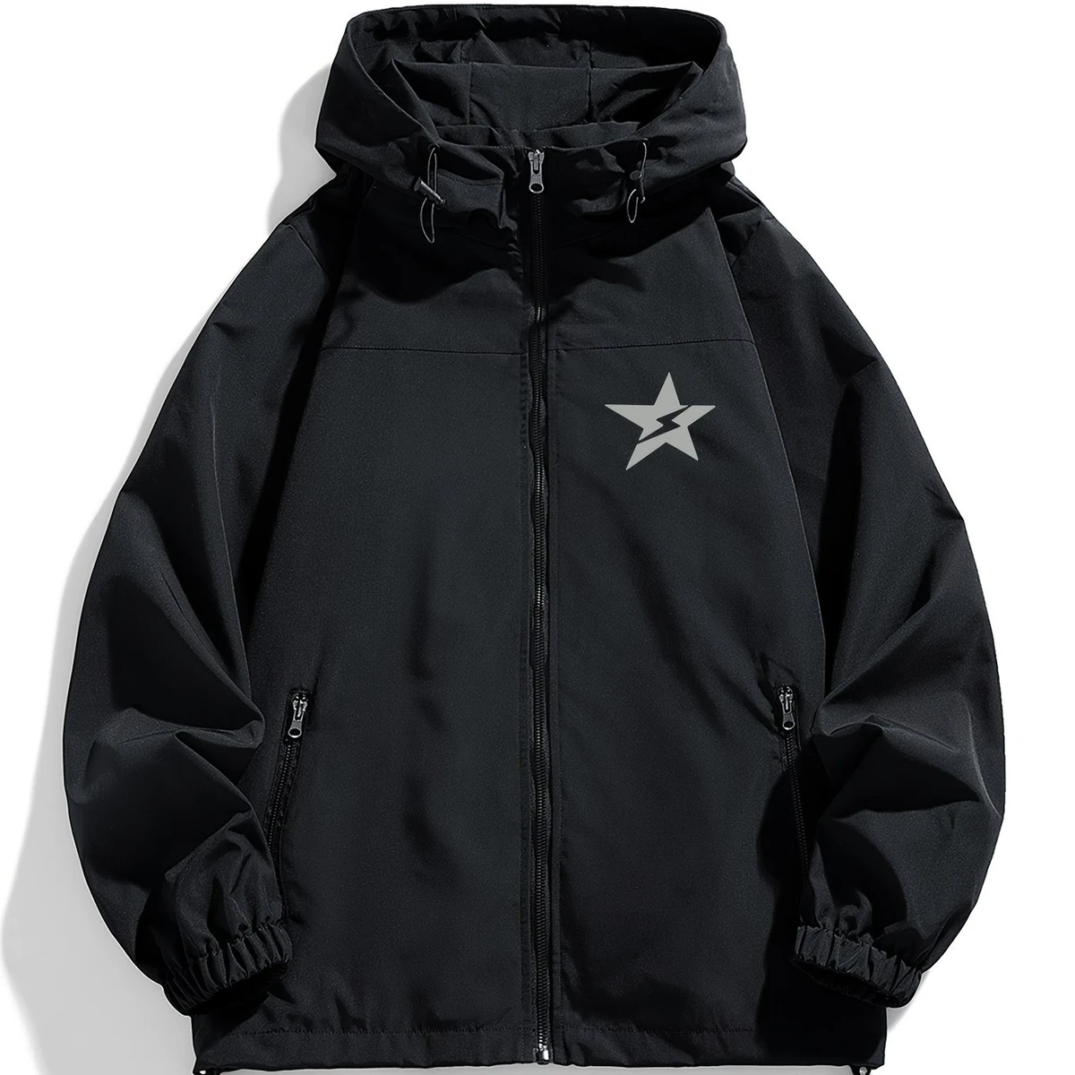 Veste coupe-vent à capuche décontractée pour hommes avec motif étoile - Noir, manches longues, fermeture à glissière, doublure en polyester, vêtements décontractés pour le printemps et l'automne, vêtements d'extérieur décontractés | Veste imprimée d'étoiles | Capuche réglable, veste essentielle