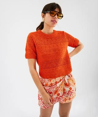 Pull manches courtes en maille ajourée femme