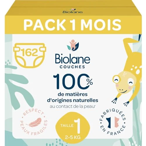 BIOLANE - Couche Taille 1 - (2-5 kg) - Peaux Sensibles - Ultra-Absorbant, Pas de Fuite, 12h au Sec - Pack 1 mois 162 couches - Fabriqué en France