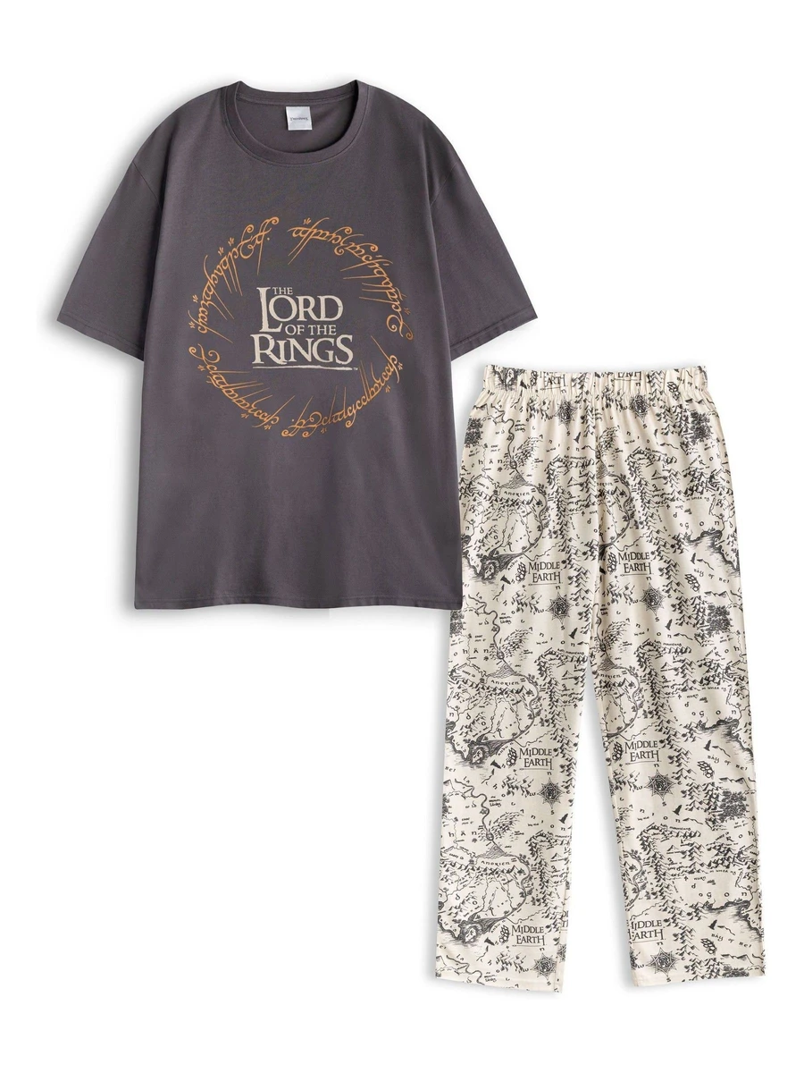 Vanilla Underground Grey Mens Lord Of The Rings Grey Short Sleeve Long Leg 100% Cotton Pyjamas Set