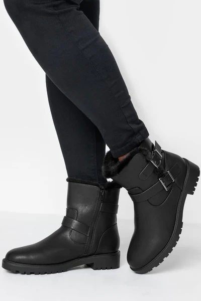 Bottines Noires Biker Fausse Fourrure Pieds Larges E & Extra Larges EEE