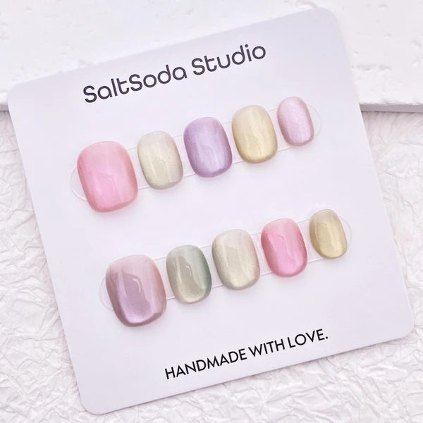 Ongles à presser oeil de chat couleur bonbon : ensemble d'ongles courts et ronds en macaron