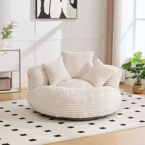 Fauteuil Poire 108x108x52 Cm Pouf Poire Avec Dossier, 3 Coussins, En Tissu Corduroy, Beige