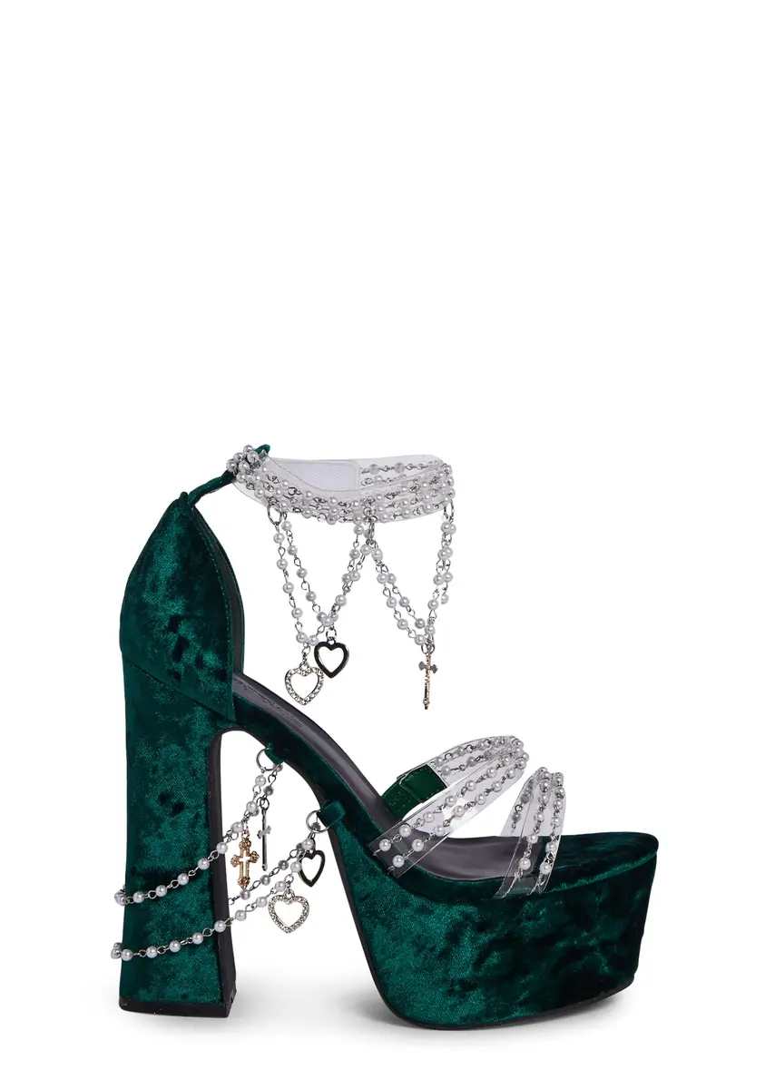 Sugar Thrillz Velvet Platform Beaded Heels - Green
