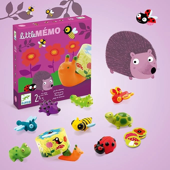 DJECO Little Mémo - Jeu de Mémoire et Observation pour Les 2,5 à 5 Ans - Découvre Quel Animal se Cache sous Le Buisson ! 9 Figurines Animaux Facile à Attraper, 30 Jetons Fleurs - 2 à 4 Joueurs