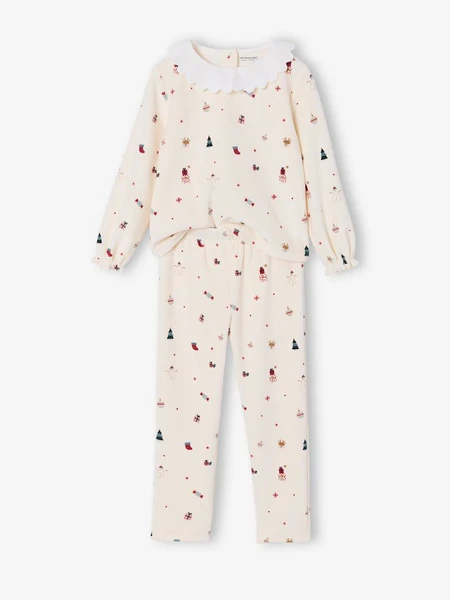Pyjama Velours Fille Col Volant Popeline écru - Vertbaudet