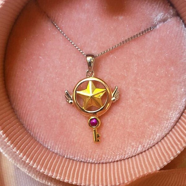 cardcaptor Sakura inspired necklace,star wand sterling silver gold and natural ruby pendant cosplay pendant,wand pendant,cute silver pendant