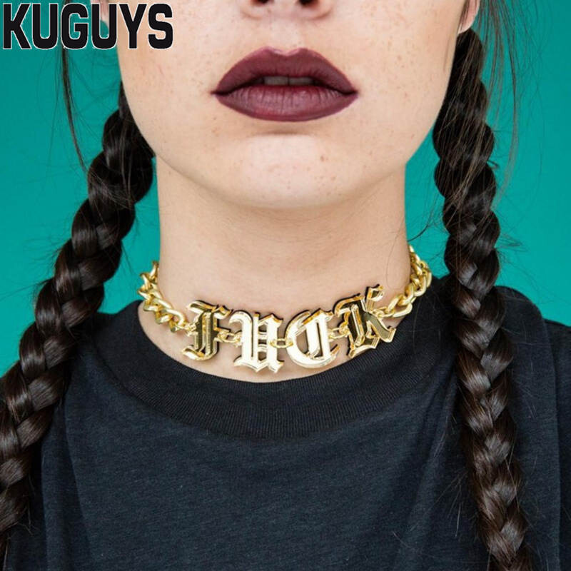 Kuguy – colliers avec lettres pour femmes, bijoux tendance, hip hop, Punk, Rock, accessoires pour filles, couleur or miroir acrylique