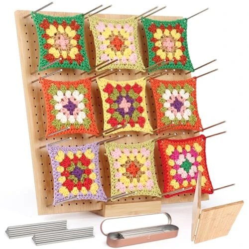 Coopay Grande Planche de Blocage Crochet, 33x33cm Pliable Bloqueur Granny Square Crochet, Planche Blocage Crochet Carré Granny en Bois, Accessoires de Crochet Tricot, avec 30 Tiges de Métal