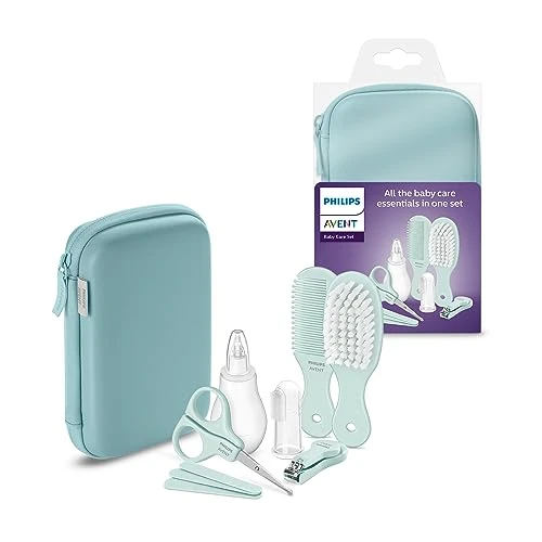 Philips Avent Kit de puériculture - Produits de puériculture avec 9 accessoires : coupe-ongles, ciseaux, 3 limes à ongles, peigne, brosse à cheveux, mouche-bébé, doigtier brosse à dents, SCH401/00
